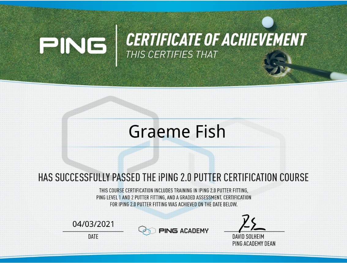 iPing 2.0 Putter Certificate