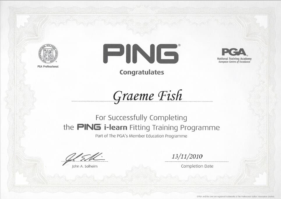 PGA Ping i-Fitting Certificate